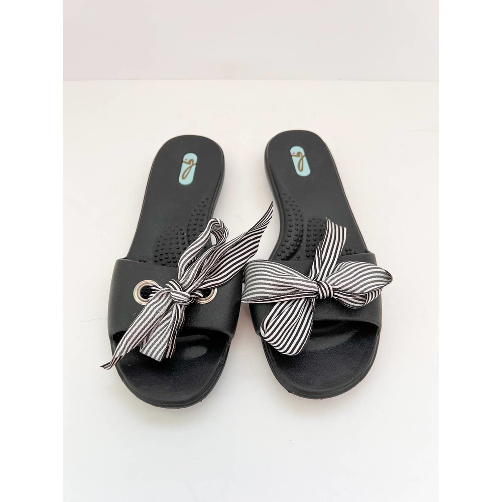 OKA.B Women's Black Striped Bow Vamp Round Toe Madison Slide Sandals sz M/US 7-8